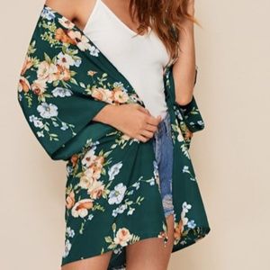 Allover Floral Print Green Kimono